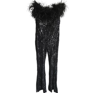 Jacqueline Black Sequin Strapless Feather Top Wide Leg Jumpsuit